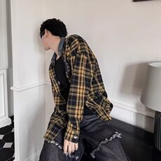 C621美式复古长袖格子衬衫男穿搭潮牌情侣拼接牛仔领黄色格纹外套，男装衬衫，星座308A-1（原309B-1）