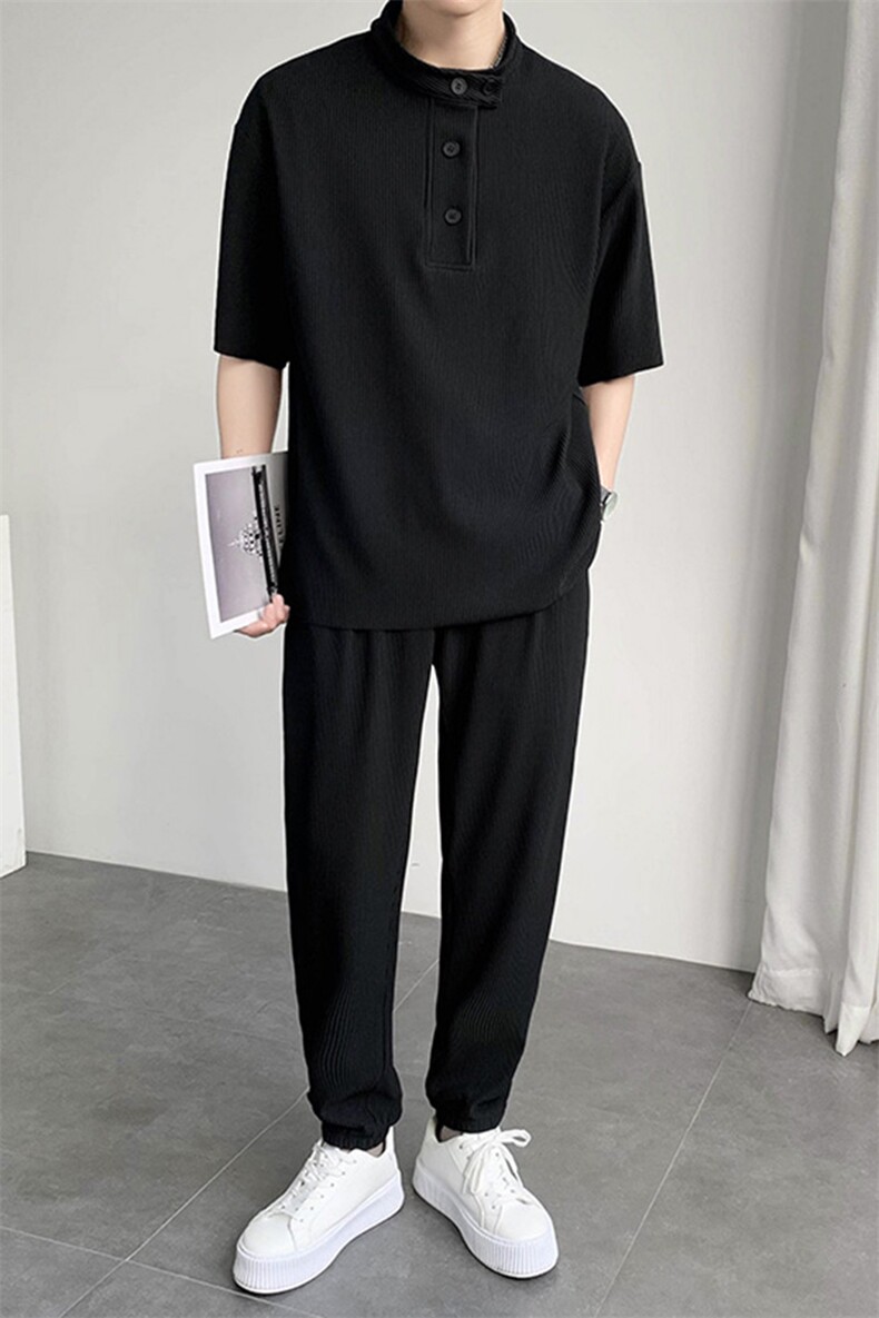 极简高弹垂感宽松运动套装设计感立领两件套TZ25/P100控149,男装休闲套装,电商A243