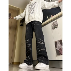 2026新款美式复古做旧水波纹牛仔裤男宽松欧美高街vibe裤子XF919图片