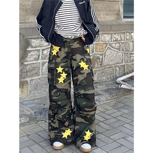 美式高街星星迷彩刺绣工装牛仔裤男宽松垂感直筒阔腿裤AM8061 P73图片