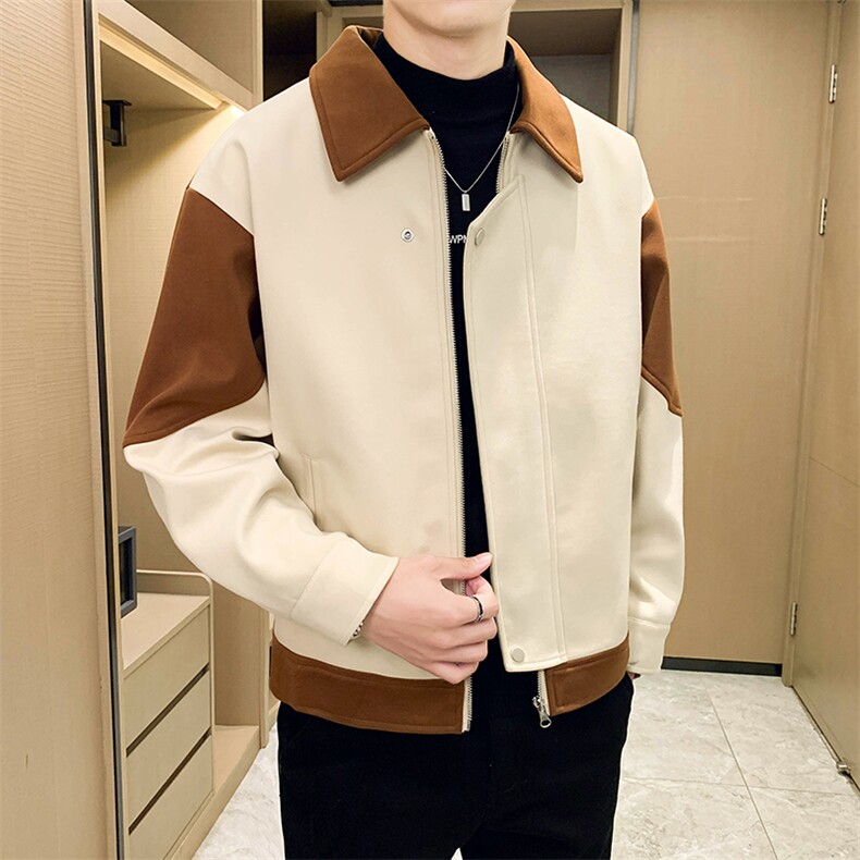 男新款呢子大衣秋冬妮子毛呢拼色宽松夹克外套A236-JK-5032-P135图片