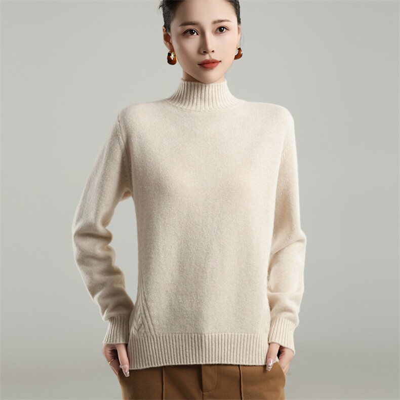 优雅女半高领羊毛衫奢华金银丝点缀200%羊毛舒适时尚百搭，女装羊毛衫，奢优羊绒