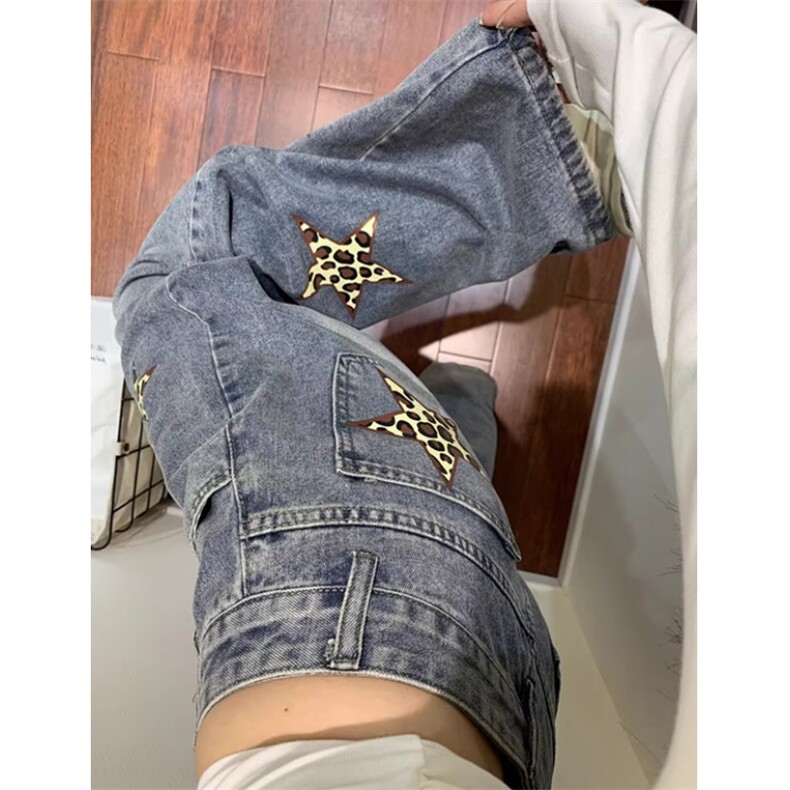 豹纹贴皮弯刀牛仔裤男欧美街头水洗高腰阔腿裤子春 N579图片