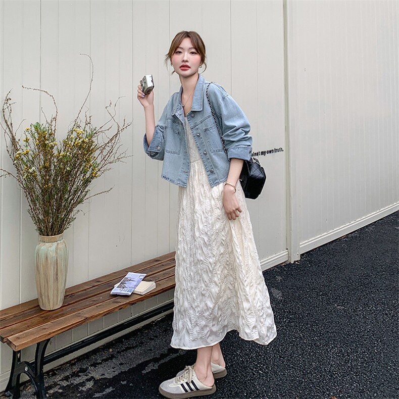 爱情魔鬼鱼套装女2025年夏季新款牛仔外套吊带长裙斜挎包三件套,女装套装/套裙,浙宝069