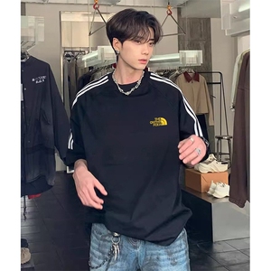 抖音得物高品质二开240克宽松纯棉美式潮牌三条杠织带短袖T恤图片
