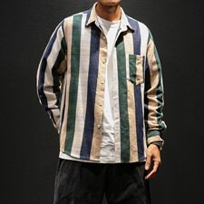 秋季中国风宽松潮男休闲粗条纹棉麻长袖衬衫嘻哈情侣衬衣C110/P55，男装衬衫，星座608A