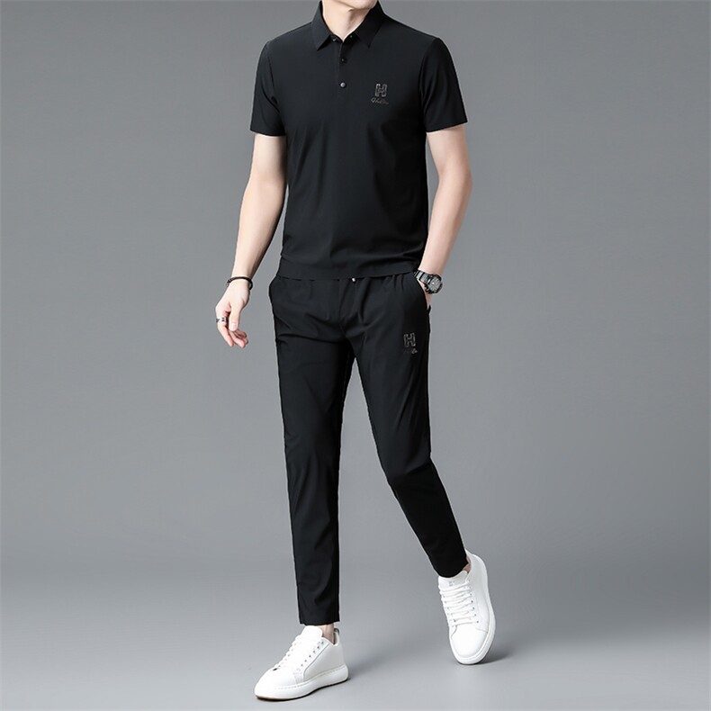 短袖套装男23夏季新款时尚休闲翻领冰丝弹力两件套,男装休闲套装,电商B212（原钱塘6029）