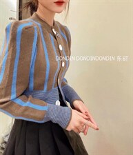 现货 撞色条纹开衫毛衣，女装针织衫/毛衣，东町