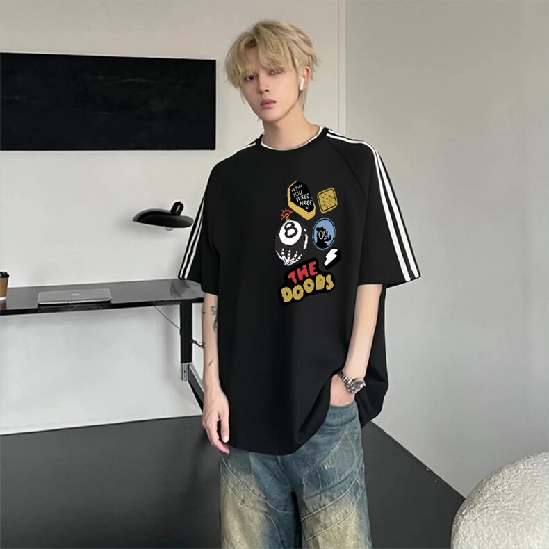 抖音得物高品质二开240克宽松纯棉美式潮牌三条杠织带短袖T恤,男装T恤,电商A486-1