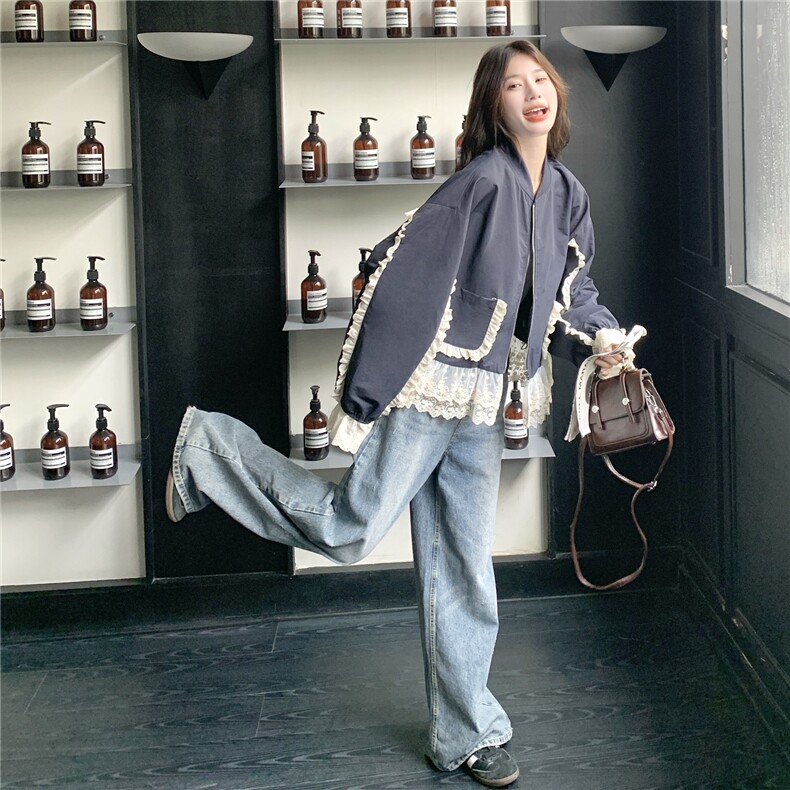 拼接蕾丝荷叶边短款风衣女设计感休闲风减龄拉链款外套上衣,女装短外套,2C050
