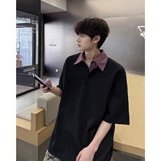 8XL-M格纹拼接假两件短袖t恤大码美式重磅polo翻领半袖DX1218/P48，男装T恤，电商B238