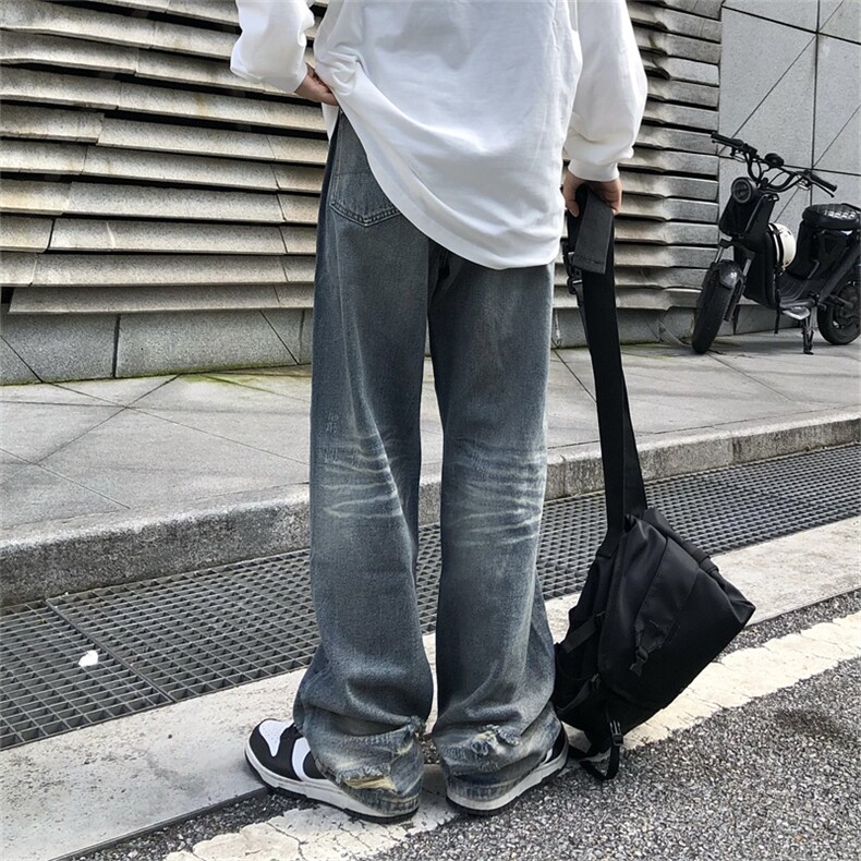 破洞水洗复古美式阔腿休闲直筒裤宽松牛仔裤N09501-P45,男装牛仔裤,星座308B-1