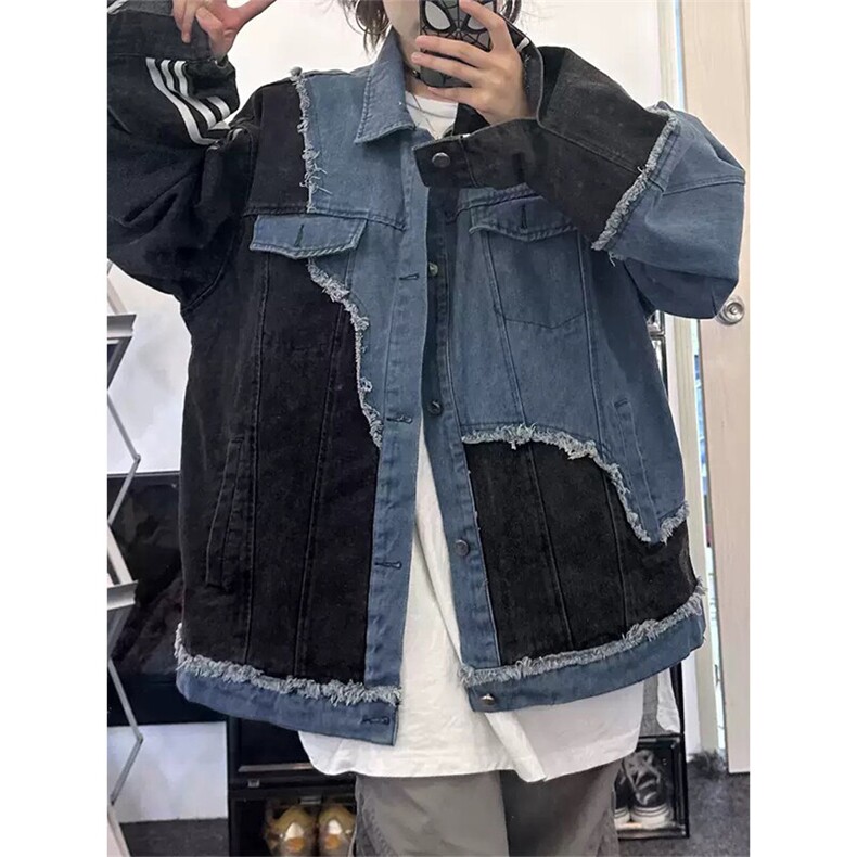 美式复古潮牌不规则牛仔外套拼接休闲街头夹克JK3359特P73,男装工装外套,星座908-1