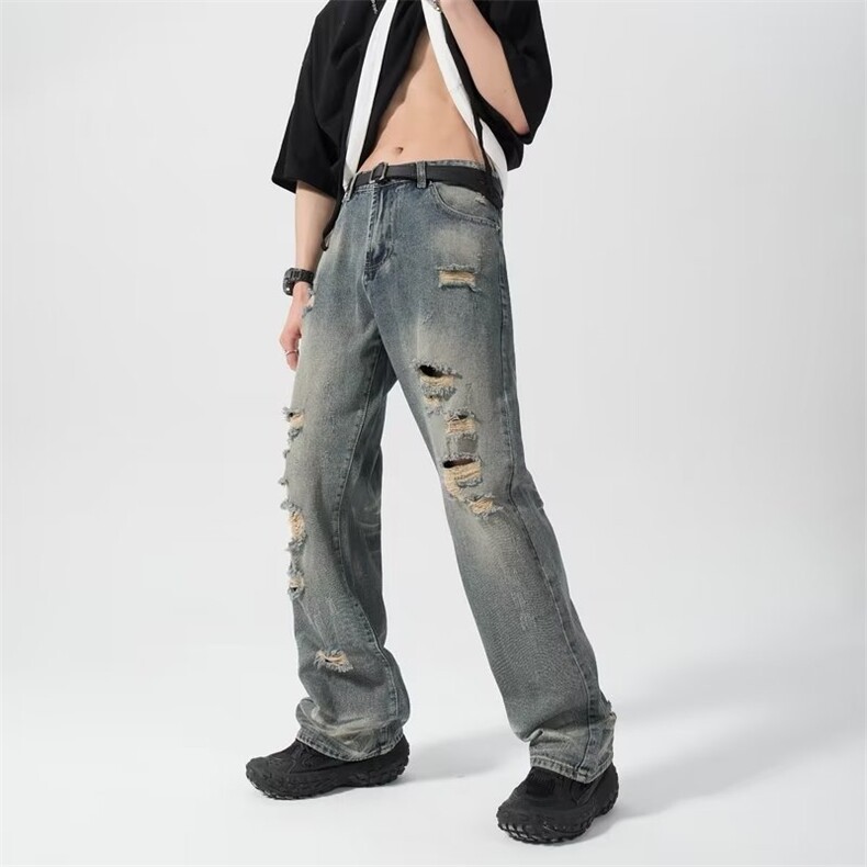 美式高街vibe潮牌破洞牛仔裤男夏款宽松设计感复古裤子N0990-P50,男装牛仔裤,星座308B-2