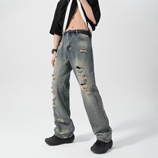 美式高街vibe潮牌破洞牛仔裤男夏款宽松设计感复古裤子N0990-P50，男装牛仔裤，星座308B-2