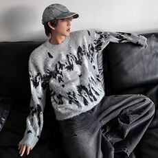美式复古圆领仿貂绒毛衣男女慵懒风宽松休闲针织衫MY108-P59，男装针织衫/毛衣，星座208-5