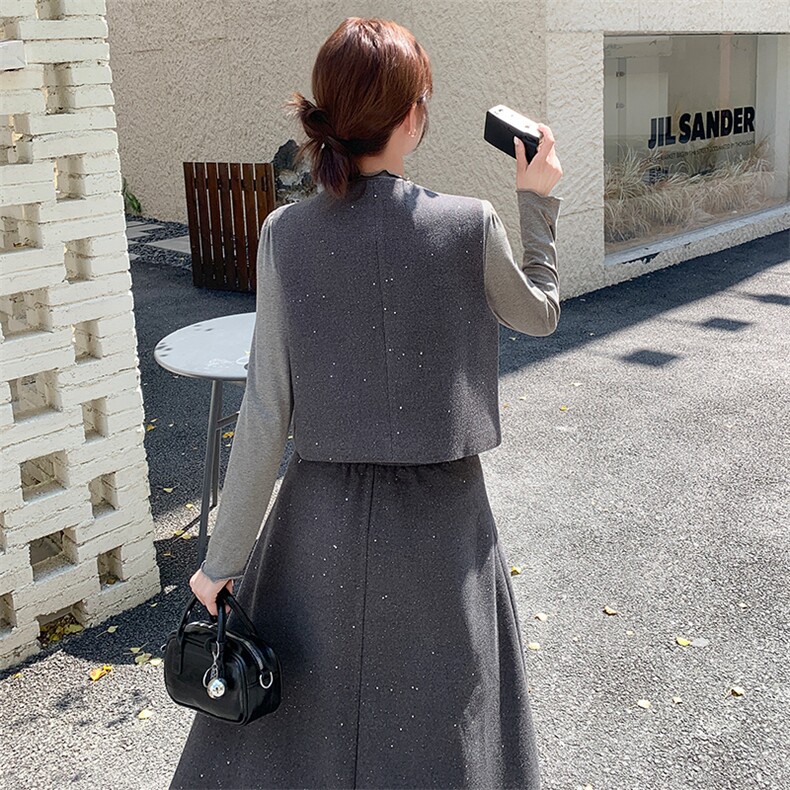 含绵羊毛小香风亮片钻扣套装女2025秋冬新款马甲无袖外套半身裙,女装套装/套裙,纯色衣恋