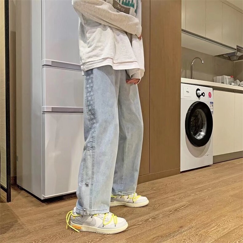 新款格子牛仔裤男直筒宽松春季潮牌百搭痞帅阔腿休闲裤N7933-P45，男装牛仔裤，星座1008-2