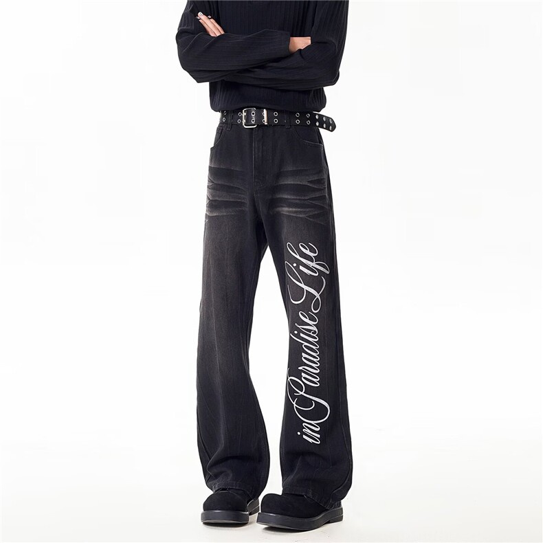 复古蓝字母印花微喇牛仔裤男春秋美式高街裤子直筒修身阔腿裤，男装牛仔裤，星座302B