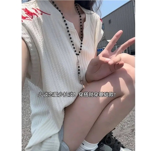 人民万岁刺绣v领背心男女情侣T恤夏季薄款肌理感无袖坎肩砍袖上衣图片