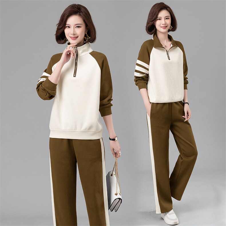 休闲运动套装女2025春秋新款韩版时尚拼接立领宽松跑步卫衣两件套,女装套装/套裙,凝聚力
