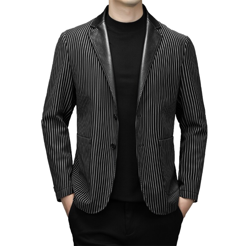 男翻领皮西服男士春秋新款PU真皮夹克条纹时尚休闲西装外套潮流,男装夹克,钱塘6003（原4033）