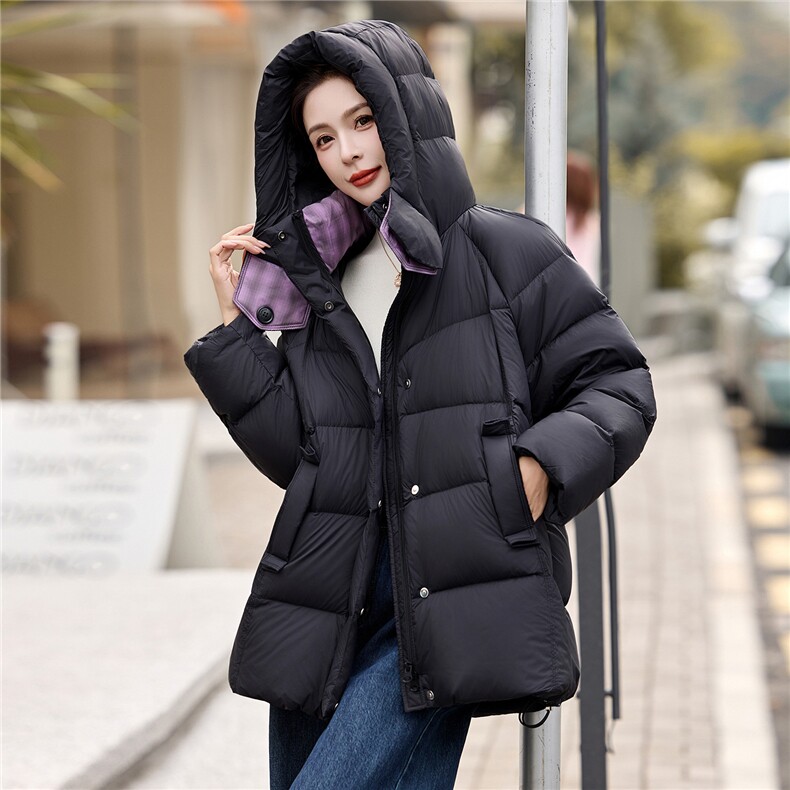 时尚撞色拼接90白鸭绒羽绒服2025冬季新款加厚连帽羽绒外套,女装羽绒服,沁沁公主
