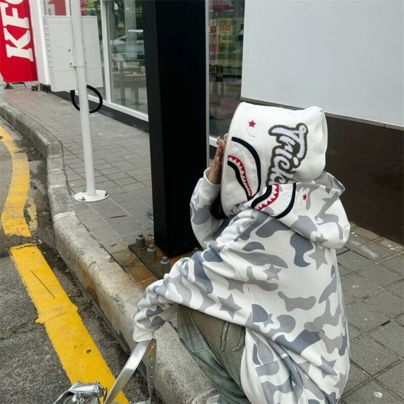 美式复古双帽迷彩连帽卫衣女春秋季潮宽松情侣开衫鲨鱼外套,女装卫衣/绒衫,星座506A