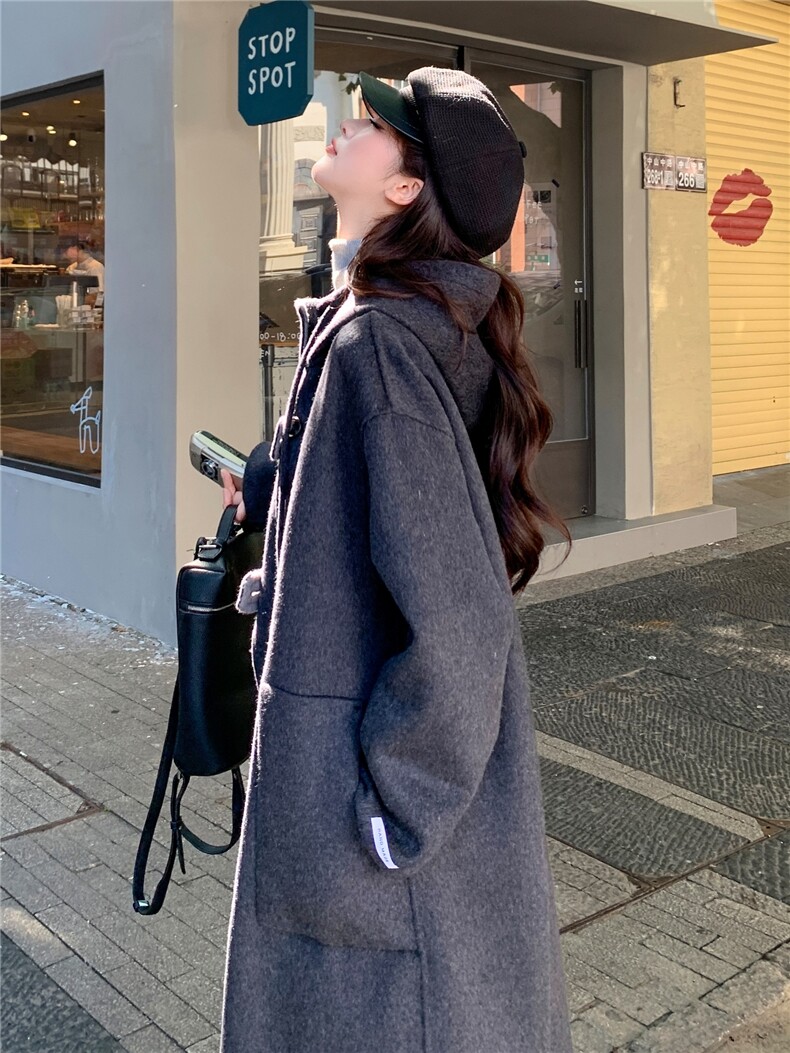 现货新款双面羊毛呢正反两穿连帽休闲羊毛大衣女风衣,女装毛呢外套,丝露怡语