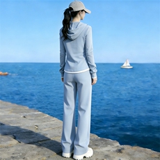 韩系运动休闲套装女春新款撞色拼接半拉链长袖卫衣阔腿长裤两件套，女装套装/套裙，江南