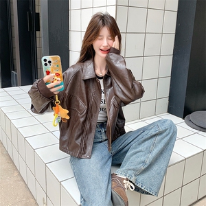 咖色复古美拉德炸街小皮衣女秋2025新款韩版又酷又飒PU皮翻领夹克图片