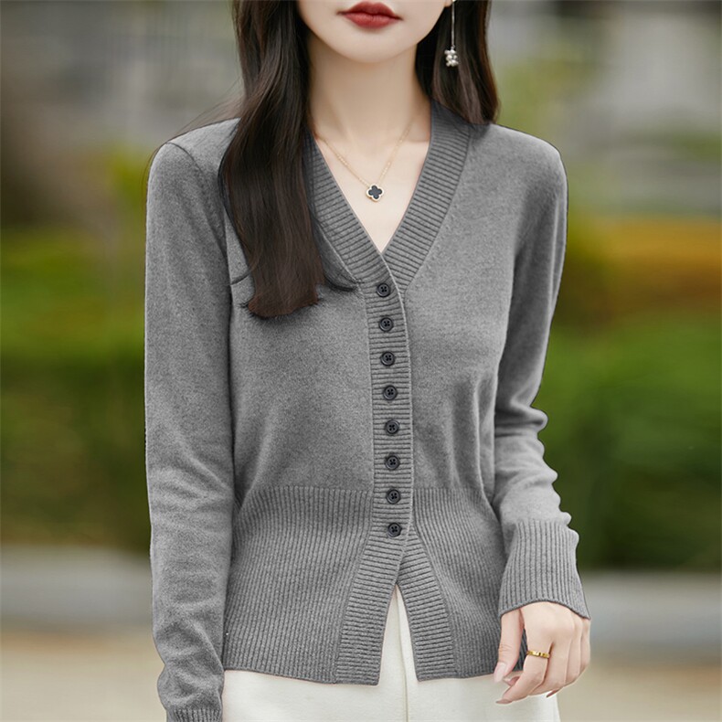 法式V领简约设计感长袖针织开衫外套女修身显瘦毛衣短款外搭上衣,针织衫/毛衣,佳绒包芯纱店