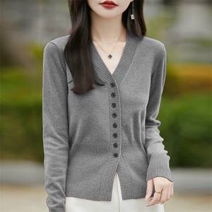 法式V领简约设计感长袖针织开衫外套女修身显瘦毛衣短款外搭上衣图片