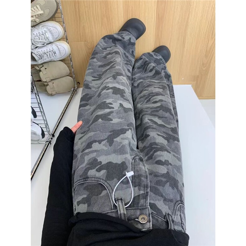 美式复古迷彩灰牛仔裤女秋季新款vibe潮牌痞帅宽松直筒阔腿长裤子,男装牛仔裤,星座1210-1