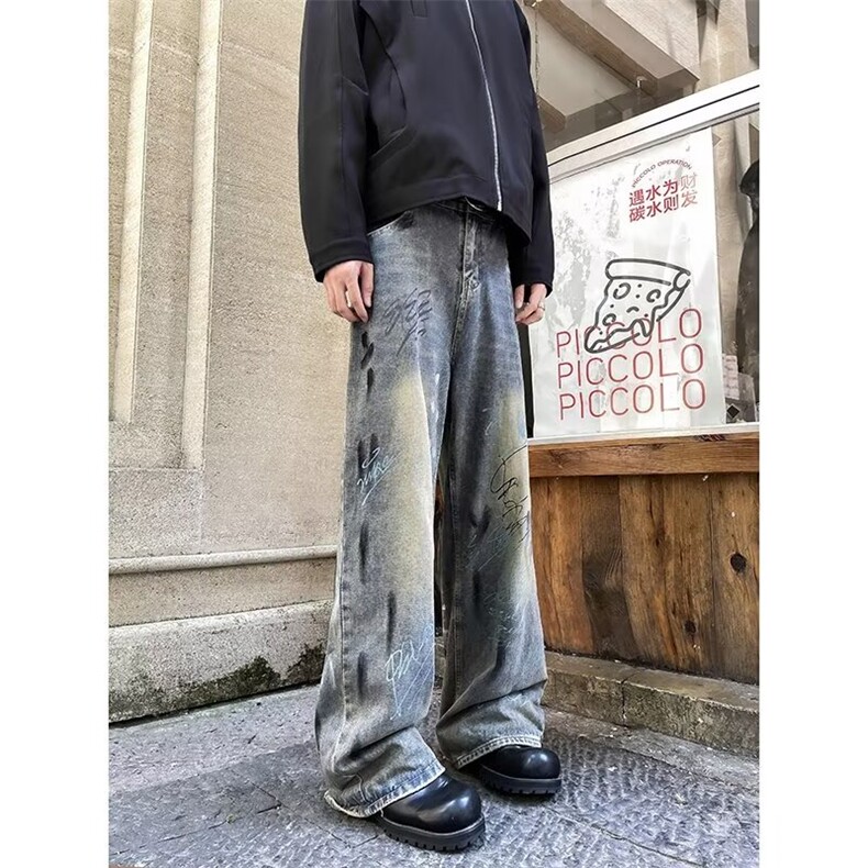 港风秋款男牛仔裤渐变色字母涂鸦扎染宽松长裤NK25 P68图片