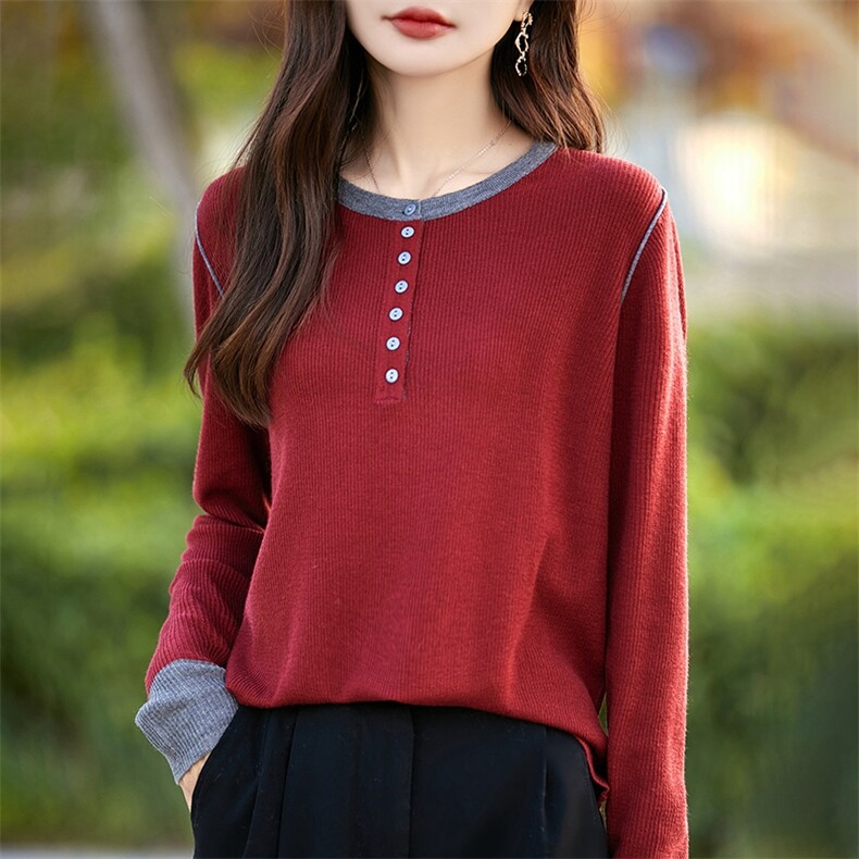春秋款精纺羊毛衫女半开圆领套头带扣坑条宽松针织打底衫毛衣薄款,针织衫/毛衣,暖烁特种纱工厂店