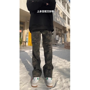 抖音得物美式复古迷彩微喇工装裤男款vibe高街裤子修身牛仔裤AK11图片