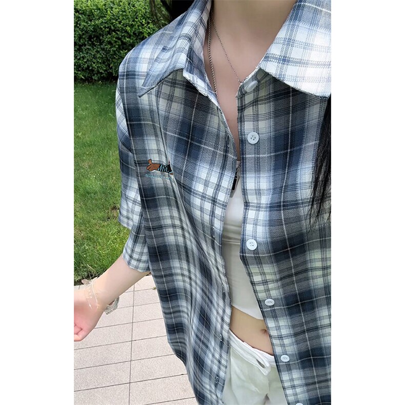 特批P30无差价夏季腊肠狗刺绣格子衬衫男大码短袖衬衫外套CD5473图片