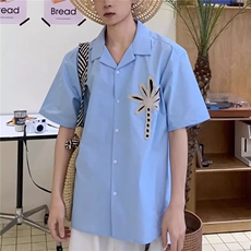 新中式风水墨竹子印花结构拼接衬衣短袖，男装T恤，四季星座505