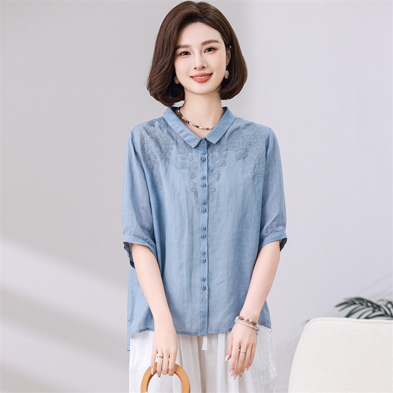 高端苎麻衬衫女夏季2024新款棉麻风上衣中年妈妈洋气减龄漂亮小衫,女装衬衫,独衣靓