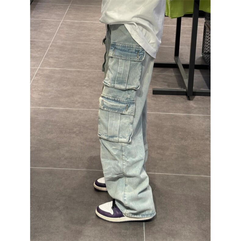 【有货】浅蓝色多口袋工装牛仔裤男款宽松美式裤子K8034CC-特P56,男装牛仔裤,星座1007（原301D）