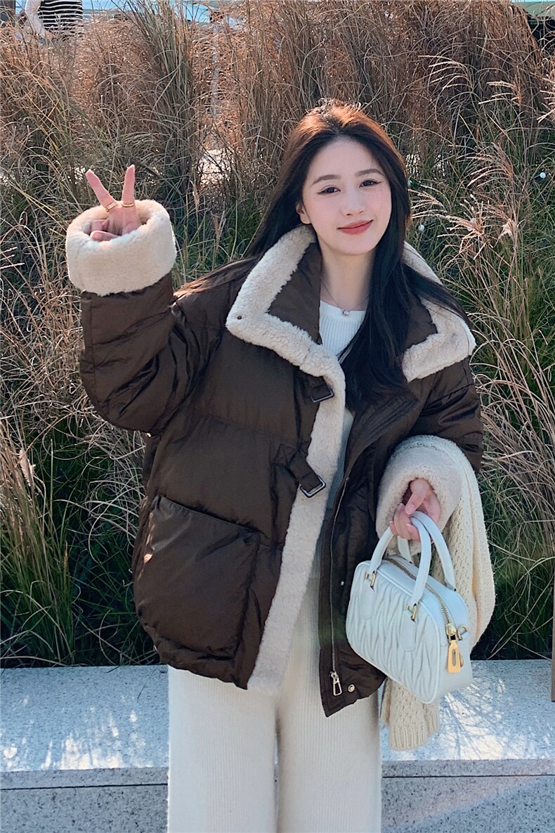 羊羔毛领美拉德短款羽绒服女冬季2025新款小个子高级流行设计小众,女装羽绒服,艾米莉亚