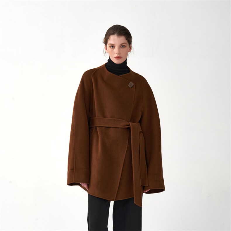 秋冬季羊毛休闲气质通勤设计感偏分腰带时尚双面呢大衣中款，女装双面呢大衣，彬斯双面尼
