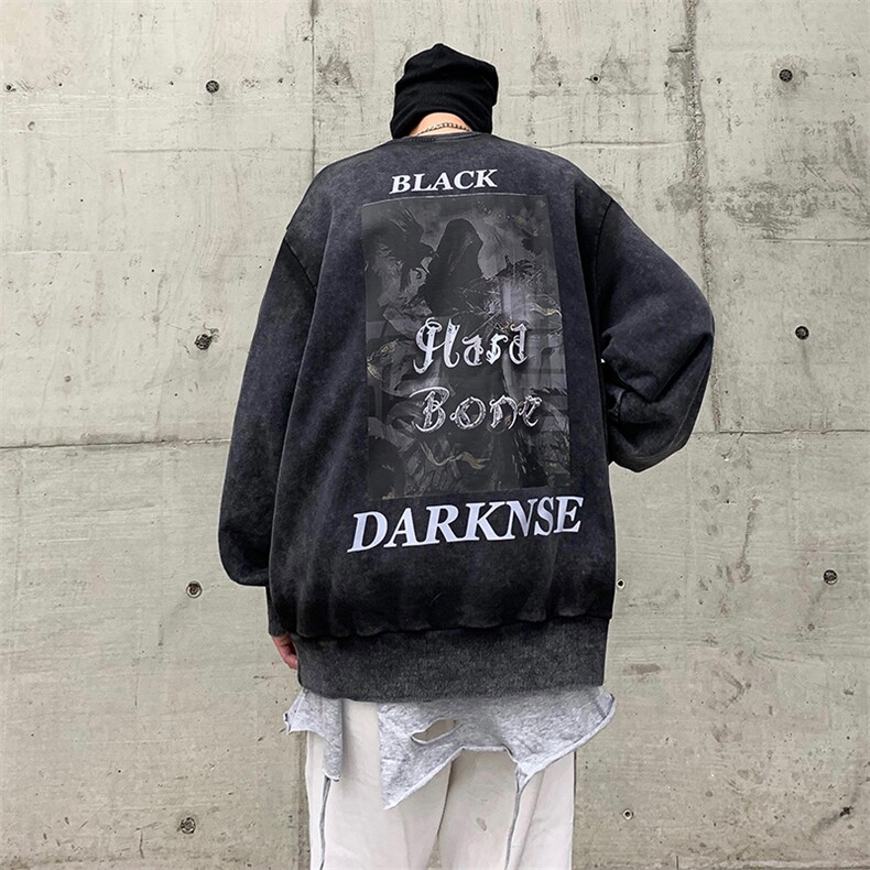 美式复古重磅做旧水洗宽松涂鸦印花圆领套头卫衣男-WY8333-P58图片