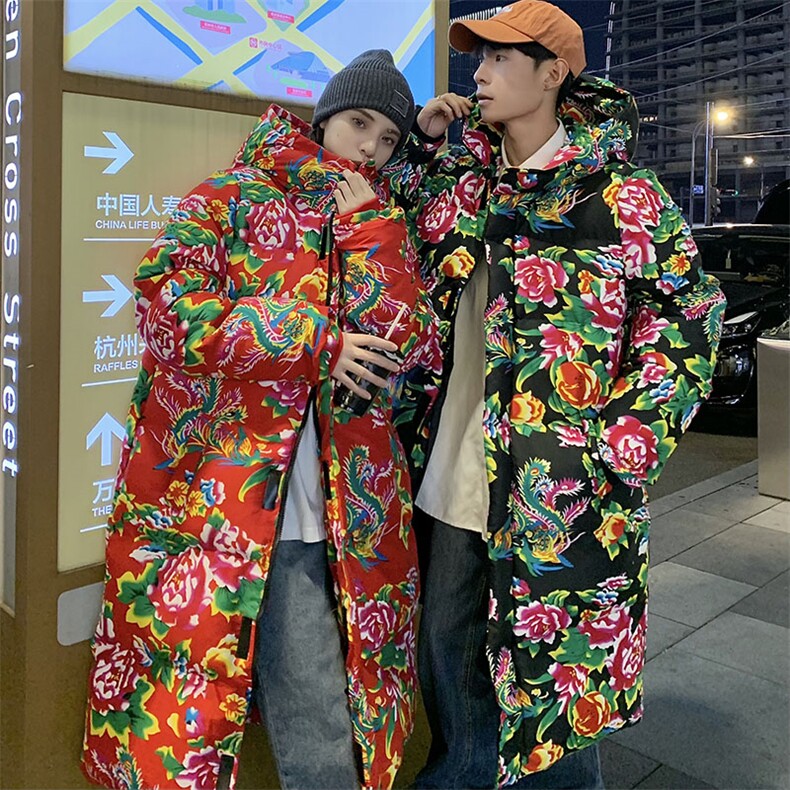 A5长款棉衣外套东北大花风汉服男女宽松保暖防寒连帽棉袄情侣,男装棉衣,星座115A(原星座507）
