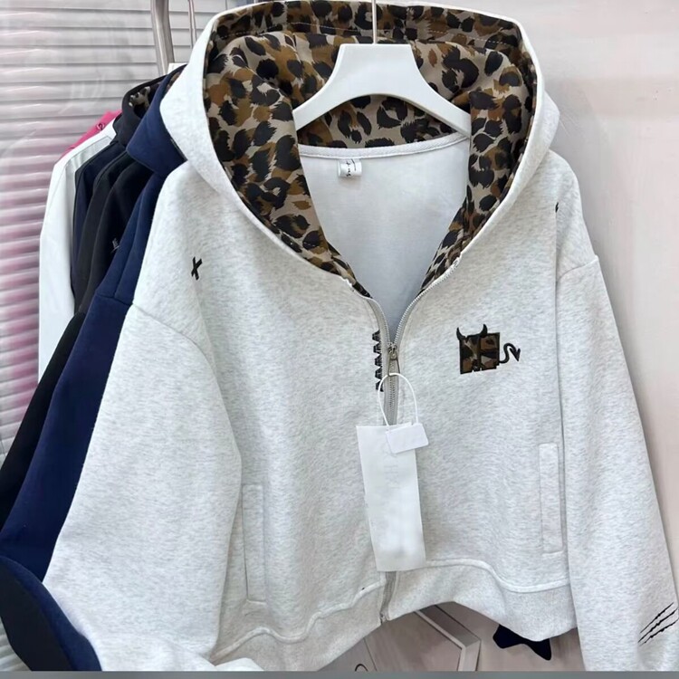 拼接格纹撞色卫衣外套女秋冬美式2025新款休闲拉链开衫潮,女装短外套,星座218-8