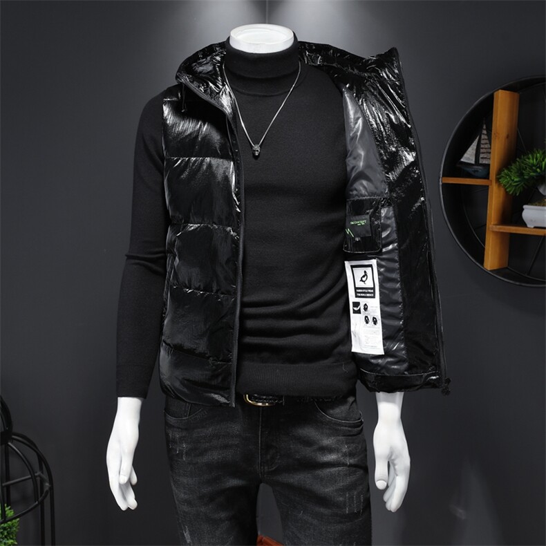 A590冬季新款男士羽绒外套连帽潮流亮面坎肩白鸭绒马甲,男装背心/马甲,钱塘2010-1