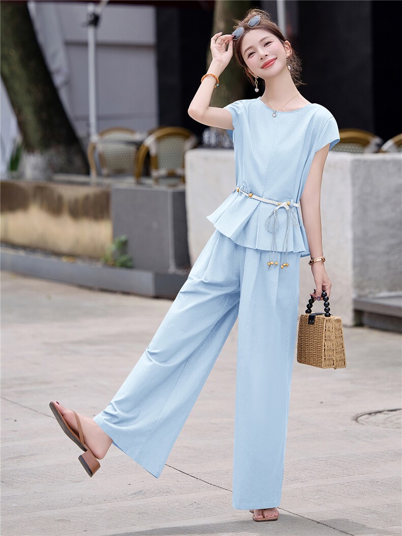 棉麻高端亚麻轻奢高级感套装女夏阔腿裤两件套女夏季2025新款爆款,女装套装/套裙,微微衣阁