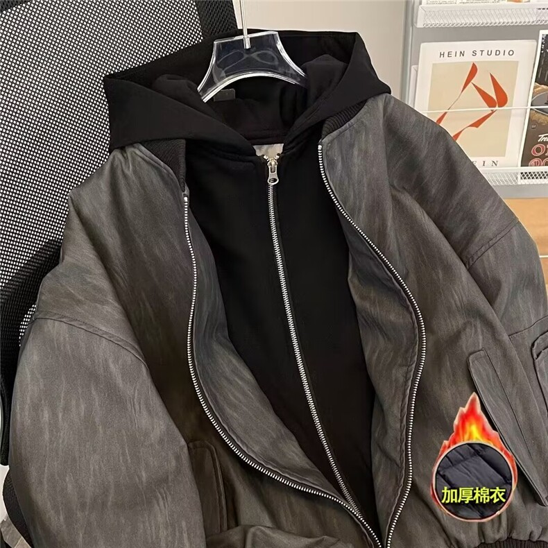 假两件工装纹理棉衣外套美式复古上衣春秋款潮牌棉服痞帅夹克,男装夹克,星座601-2