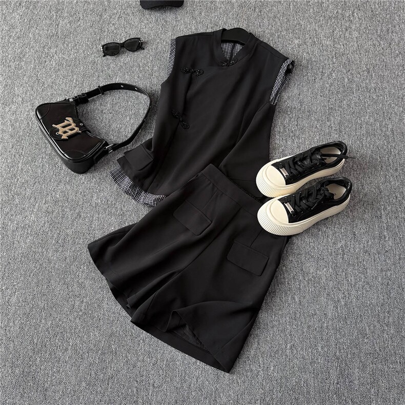 高级感拼接格纹马甲套装女夏新款显瘦立领无袖上衣短裤两件套，女装套装/套裙，江南